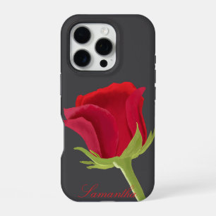 Dark grey with red rose iPhone 16 pro case