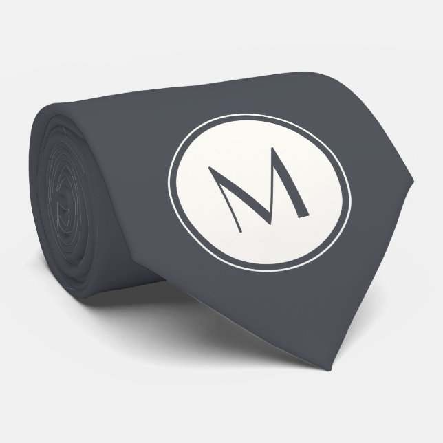 Dark Grey With White Circle Monogram Neck Tie (Rolled)