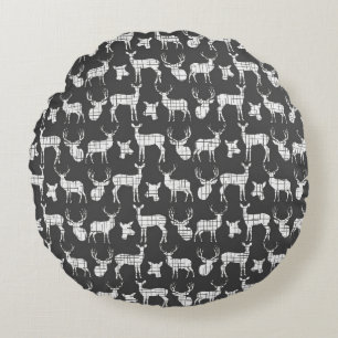 Dark Grey With White Deer Round Pillow