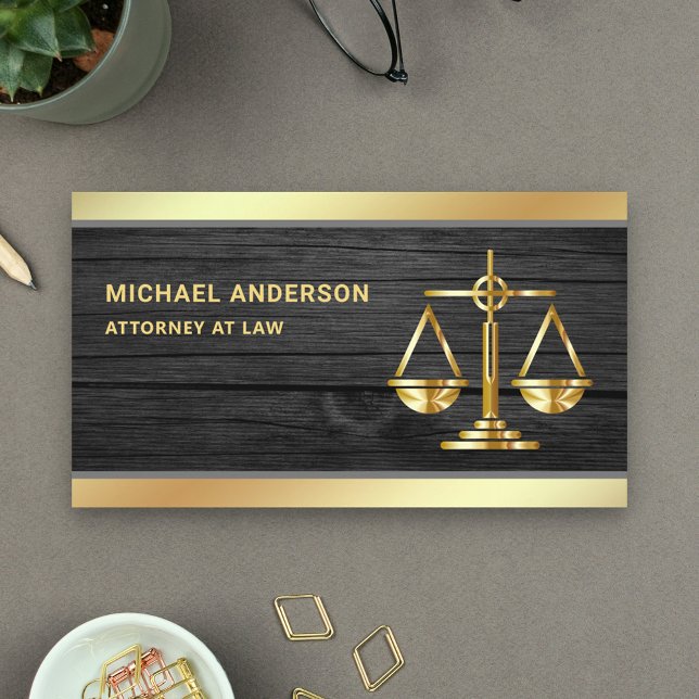 Dark Grey Wood Gold Justice Scale Lawyer Attorney Business Card (Creator Uploaded)