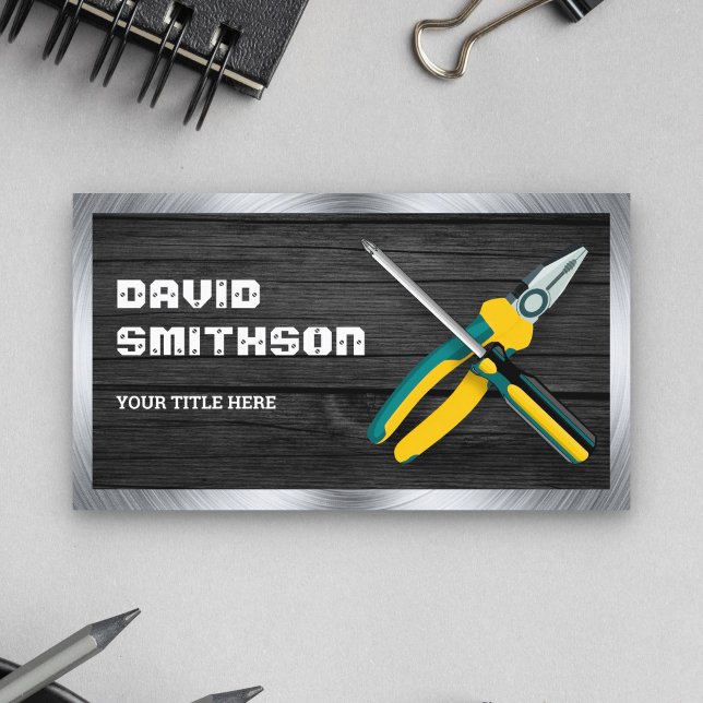 Dark Grey Wood Handyman Repair Tools Electrician Business Card (Creator Uploaded)