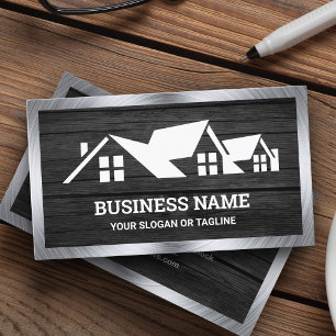 Dark Grey Wood House Roofing Construction Roofer Business Card