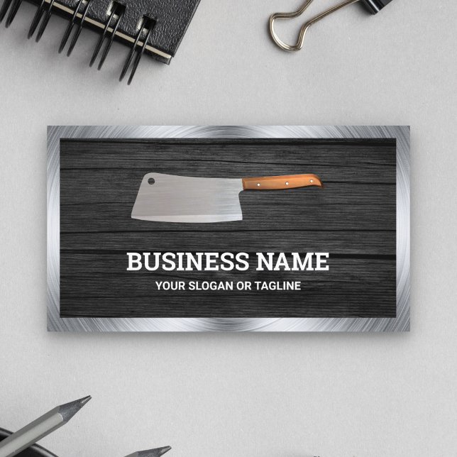 Dark Grey Wood Steel Butcher Knife Meat Shop Business Card (Creator Uploaded)