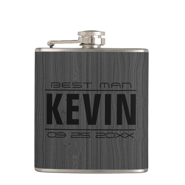 Dark Grey Wood Texture Best Man Hip Flask (Front)