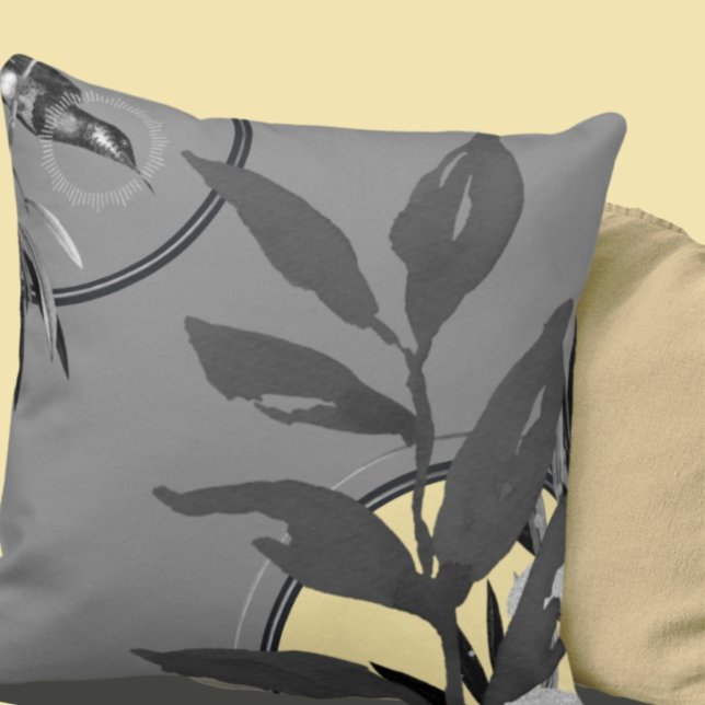 Dark Grey & Yellow Watercolor Leaves Hummingbird Cushion (Creator Uploaded)