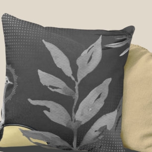 Dark Grey & Yellow Watercolor Leaves Ostrich Cushion