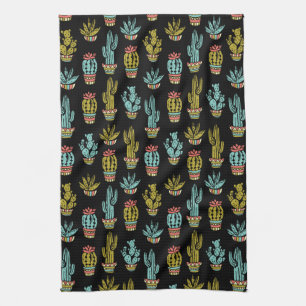 Dark Grunge Cactus Pattern Tea Towel