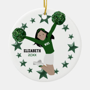 Dark Hair Cheerleader Pom Poms Green & White Ceramic Ornament