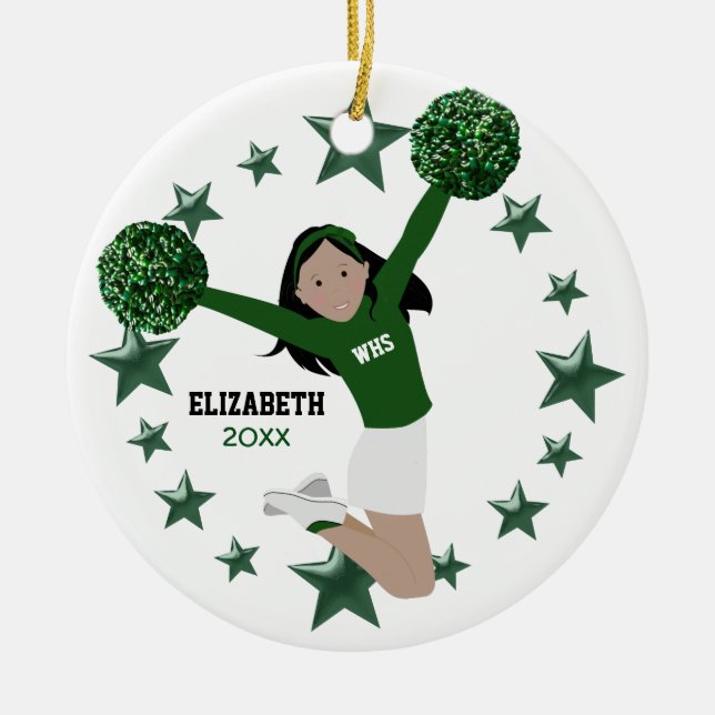Dark Hair Cheerleader Pom Poms Green & White Ceramic Ornament (Front)