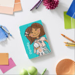 Dark hair girl cuddling white rabbit aqua peach  iPad mini cover<br><div class="desc">Cute modern graphic girls ipad cover. Dark brown hair girl clutching her lucky white bunny in peach and grey on teal aqua background. Personalise with your own name currently reads Daniella. Original graphic design by Sarah Trett for www.mylittleeden.com</div>
