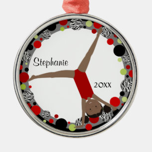 Dark Hair Gymnast in Red, Black & Green Metal Tree Decoration