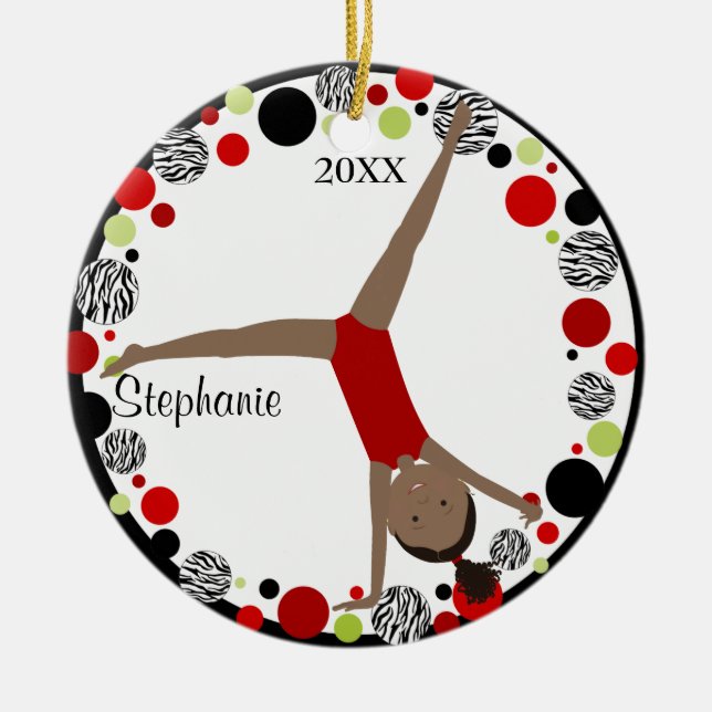 Dark Hair Gymnast Red, Black & Green Personalised Ceramic Ornament (Front)