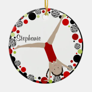 Dark Hair Gymnast Red, Black & Green Personalised Ceramic Tree Decoration