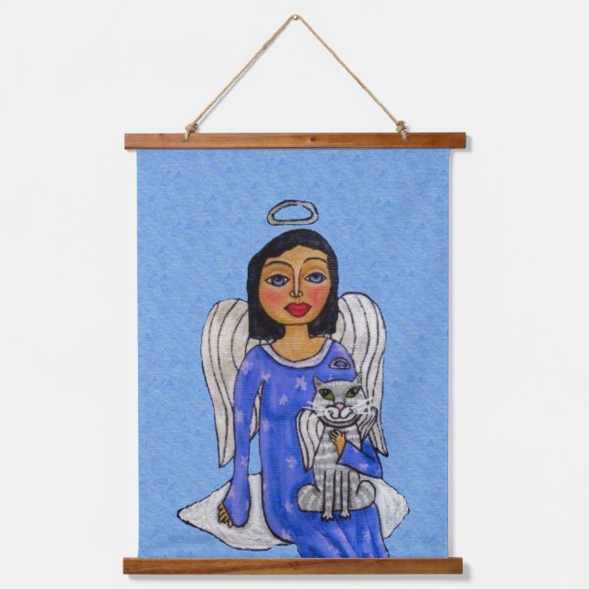 Dark Haired Angel Blue Dress Angel Cat on Cloud Hanging Tapestry (Front)