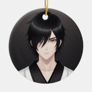 Dark-Haired Anime Boy in Traditional Attire Orname Ceramic Ornament