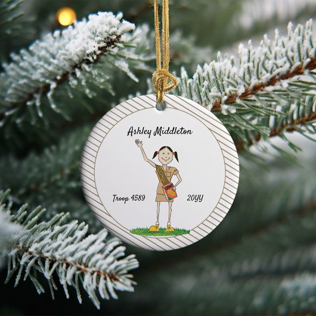 Dark Haired Brownie Girl Scouting Brown Stripes Ceramic Ornament (Creator Uploaded)