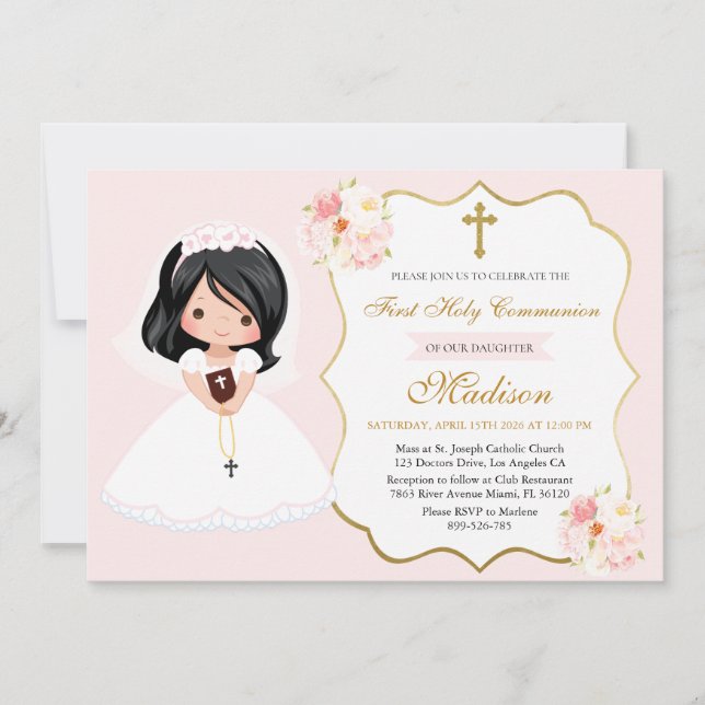 Dark-haired Girl First Holy Communion Invitation (Front)