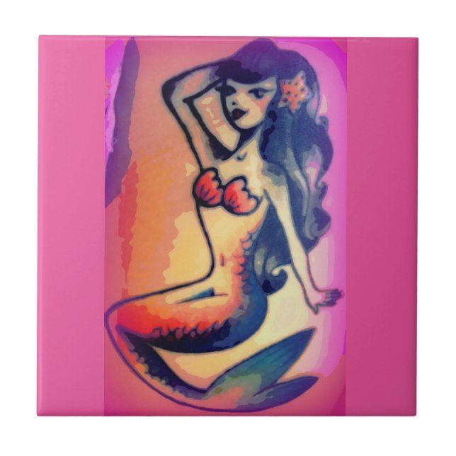 dark-haired mermaid beauty pink tile (Front)