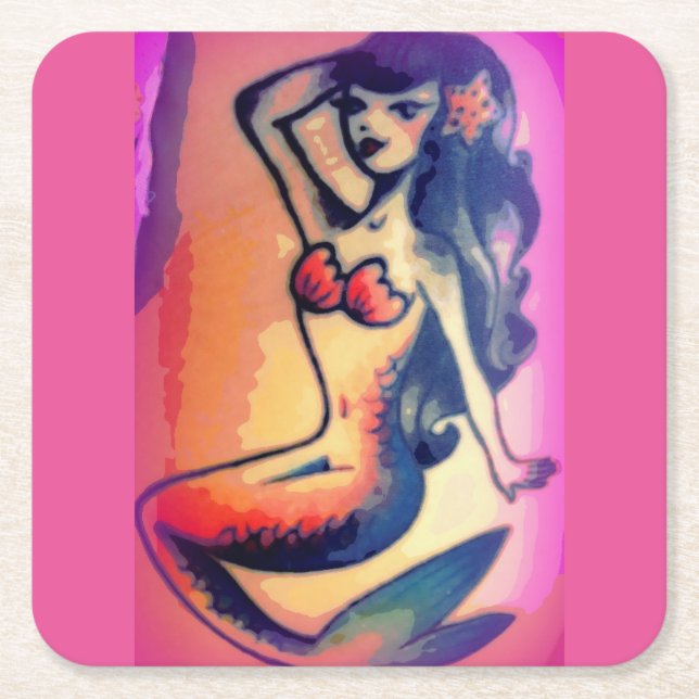 dark-haired mermaid beauty square paper coaster (Front)