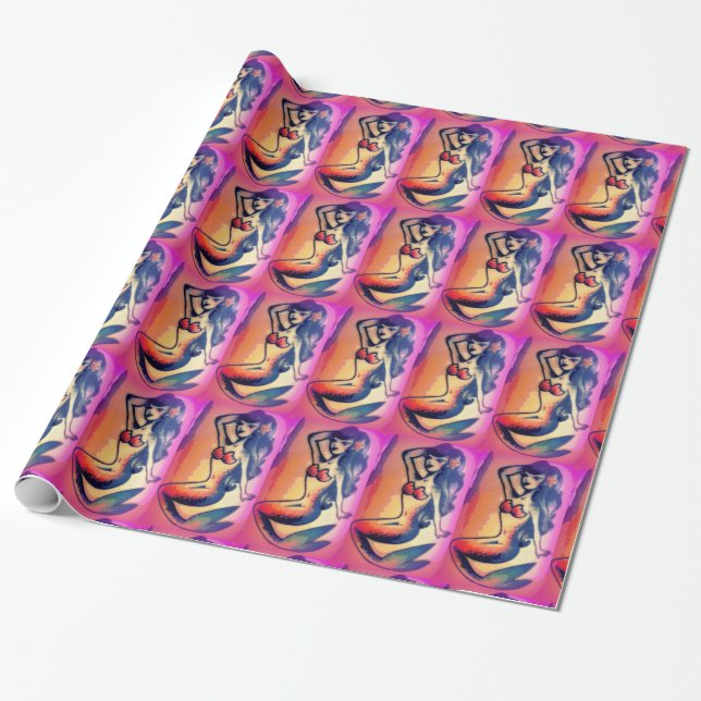 dark-haired mermaids pink wrapping paper (Unrolled)