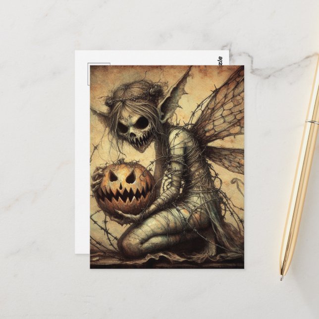 Dark Halloween Fairy Wrapped in Barbed Wire Postcard (Front/Back In Situ)