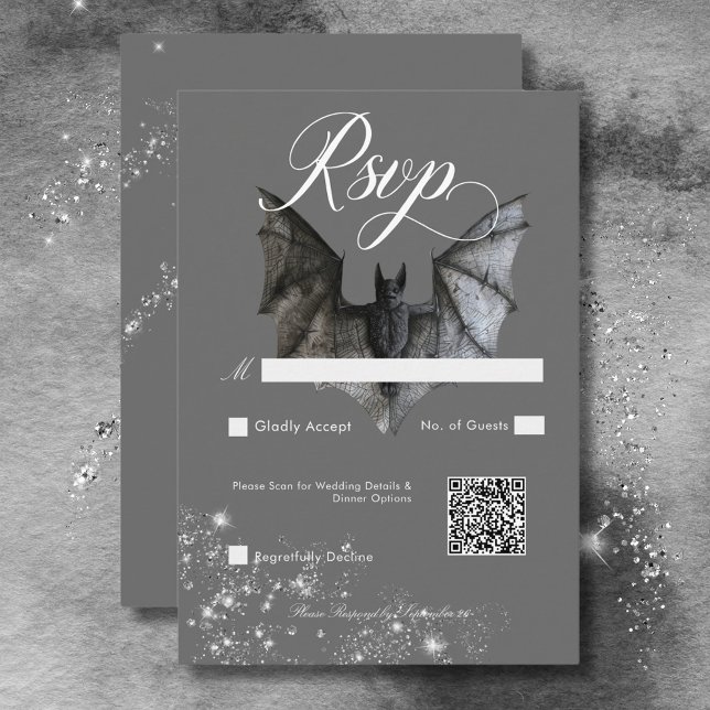 Dark Halloween Glam Bat & Diamonds Wedding QR Code RSVP Card (Dark Halloween Glam Bat & Diamonds Wedding QR Code RSVP Card)