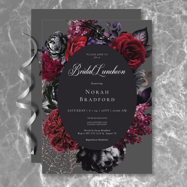 Dark Halloween Glam Floral Black Bridal Luncheon Invitation (Dark Halloween Glam Floral Black Bridal Luncheon Invitation)