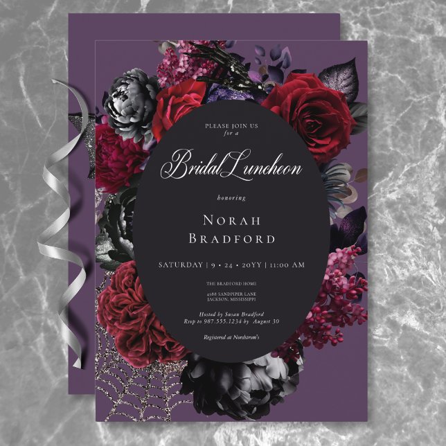 Dark Halloween Glam Floral Purple Bridal Luncheon Invitation (Dark Halloween Glam Floral Purple Bridal Luncheon Invitation)