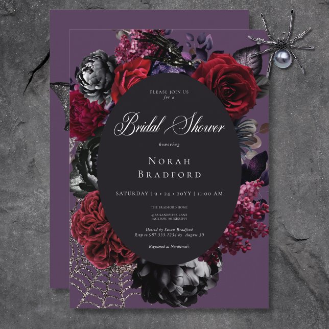 Dark Halloween Glam Floral Purple Bridal Shower Invitation (Dark Halloween Glam Floral Purple Bridal Shower Invitation)