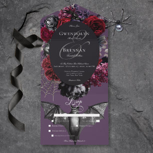 Dark Halloween Glam Floral Purple Wedding Dinner All In One Invitation