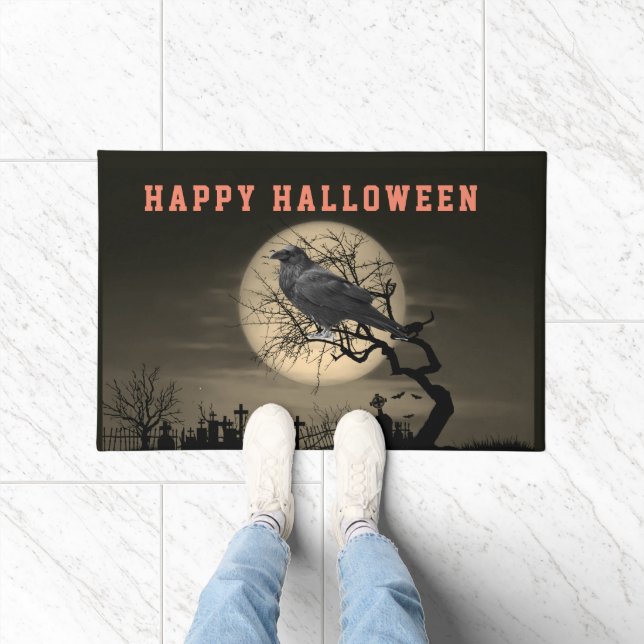 Dark Halloween Graveyard and Raven in Tree   Doormat (Indoor)
