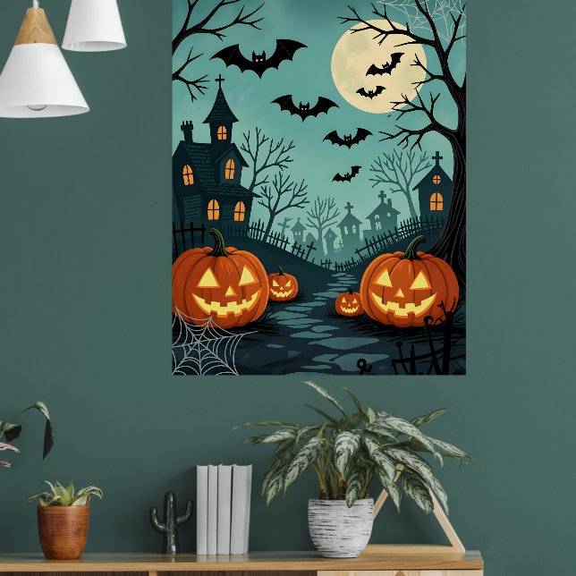 Dark Halloween Landscape with Bats & Spider Web Poster (Living Room 1)