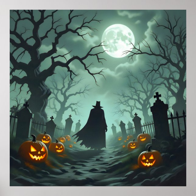 Dark Halloween Night Spooky Graveyard Landscape  Poster (Front)