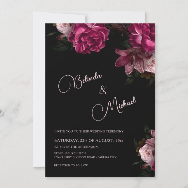 Dark Hand Drawn Roses Photo Wedding Invitation (Front)