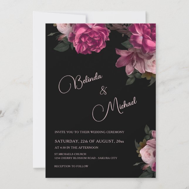 Dark Hand Drawn Roses Photo Wedding Invitation (Front)