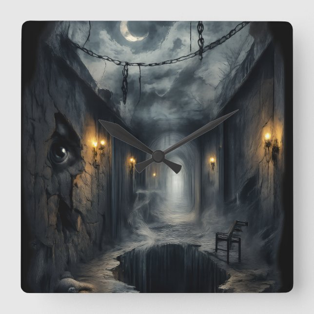 Dark Haunted fantasy Corridor with Moonlit Sky  Square Wall Clock (Front)