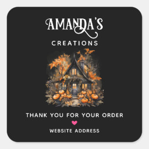 Dark Haunted House and Pumpkins Halloween Business Square Sticker