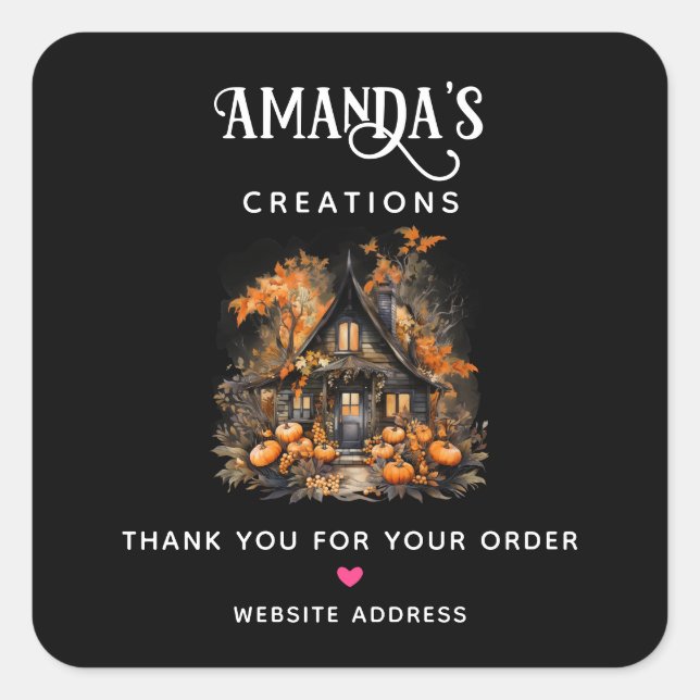 Dark Haunted House and Pumpkins Halloween Business Square Sticker (Front)