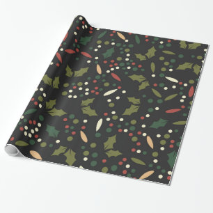 Dark Holiday Dots Holly Leaves Christmas Wrapping Paper