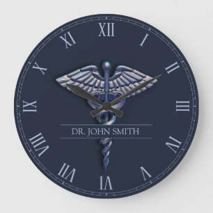 Dark Holographic 3D Medical Caduceus Chrome Name Large Clock