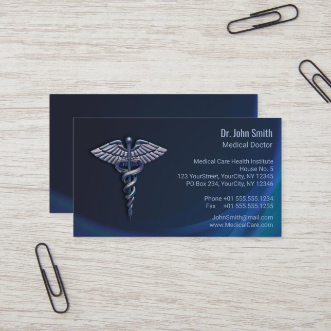 Dark Holographic Chrome 3D Medical Caduceus Business Card (Front/Back In Situ)