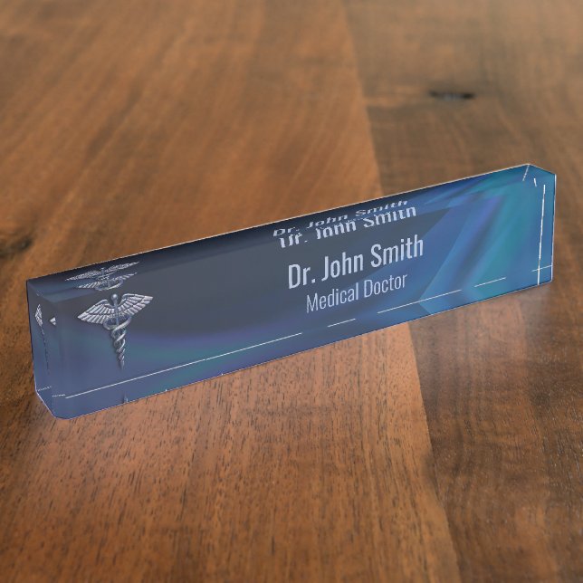 Dark Holographic Chrome 3D Medical Caduceus Nameplate (Side)