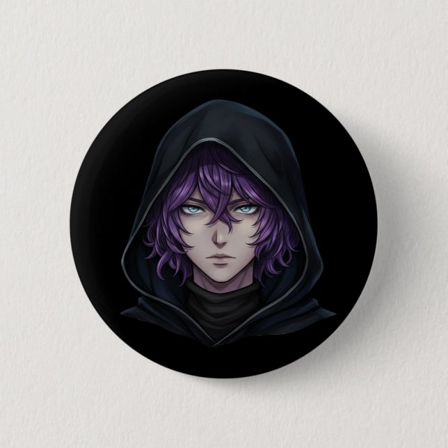 Dark Hoodie Anime Boy with Purple Hair 6 Cm Round Badge (Front)