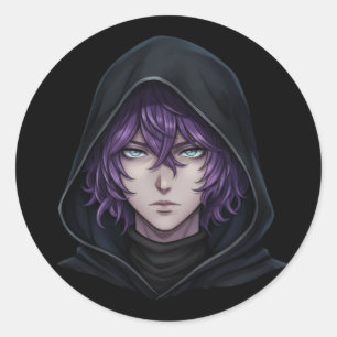 Dark Hoodie Anime Boy with Purple Hair Classic Round Sticker