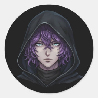 Dark Hoodie Anime Boy with Purple Hair Classic Round Sticker