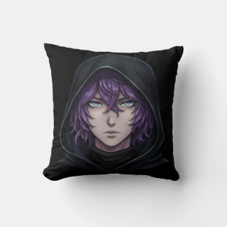 Dark Hoodie Anime Boy with Purple Hair Cushion