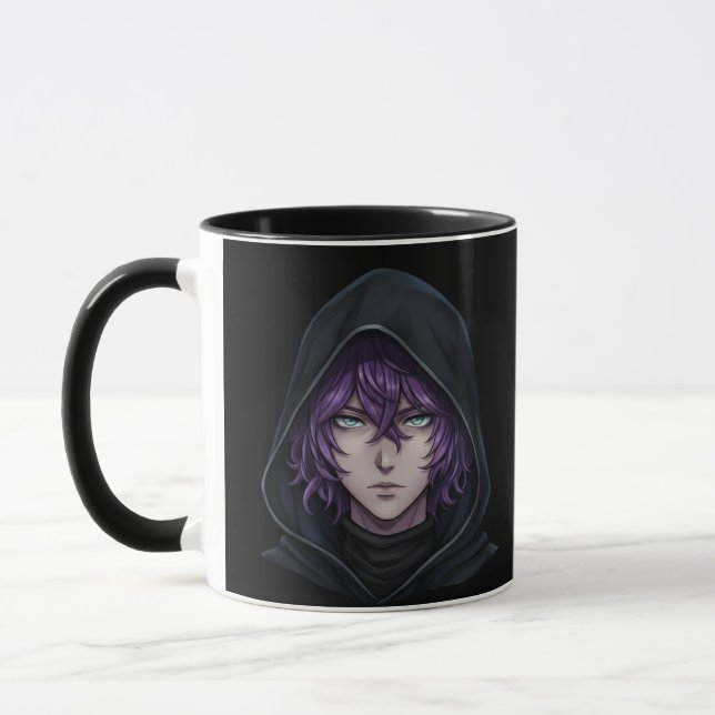 Dark Hoodie Anime Boy with Purple Hair Mug (Left)