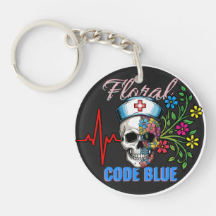 Dark Humour "Floral Code Blue" Medical Nurse Skull Key Ring