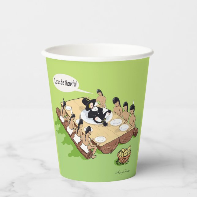 Dark Humour Native American Thanksgiving Cartoon Paper Cups (Front)