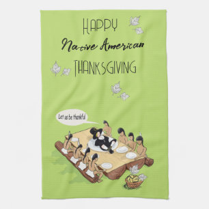 Dark Humour Native American Thanksgiving Cartoon  Tea Towel